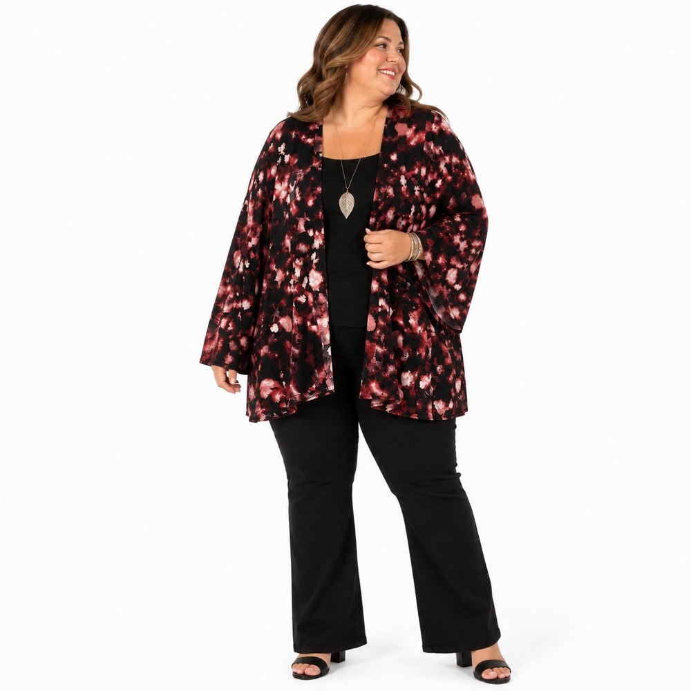 Bua Bua Womens 2X Plus Floral Open Front Long Sleeve Cardigan Black Red Pink